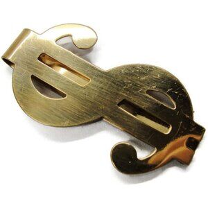 $ Dollar Sign Gold Tone Money Clip Stainless Wallet Card Cash ID Holder Vtg
